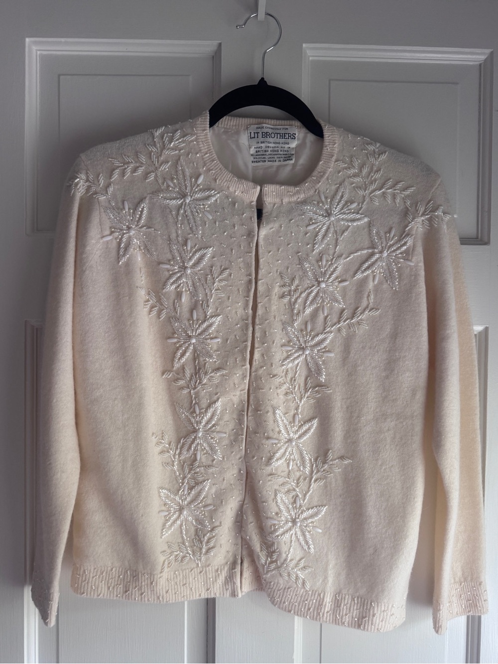 Vintage Lit Brothers Beaded Angora Wool Cardigan Ivory Floral Embellished Japan